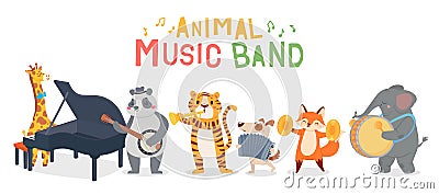 Animal musicians characters playing different musical instruments. Jazz band performing melody. Giraffe playing piano Vector Illustration