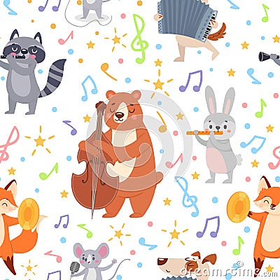 Animal musicians seamless pattern. Funny animals musicians play different musical instruments wallpaper, wrapping or textile Vector Illustration