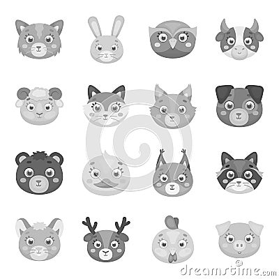 Animal muzzle set icons in monochrome style. Big collection of animal muzzle vector symbol stock illustration Vector Illustration