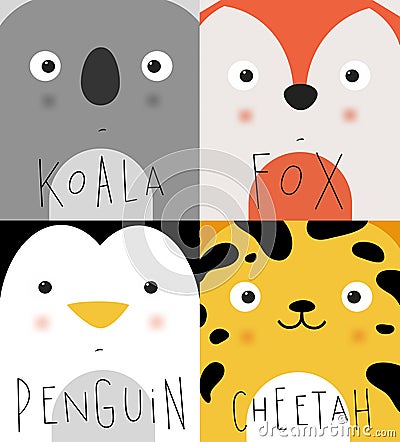 Animal muzzles koala, fox, penguin, cheetah Vector Illustration