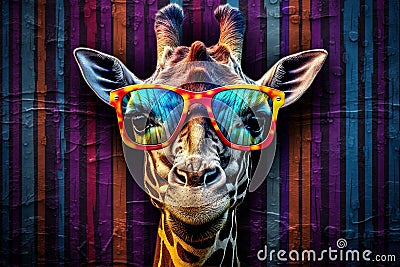 animal neck mammal sunglasses giraffe africa wildlife zoo colorful portrait. Generative AI. Stock Photo