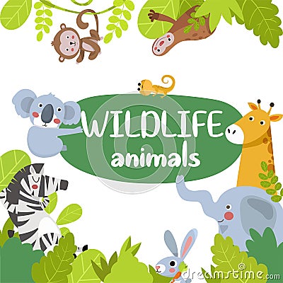 Wildlife animals. Animals of the jungle, frame. Vector Illustration