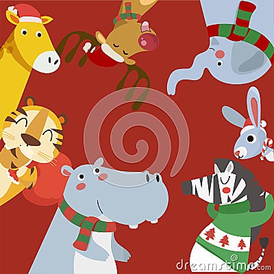 Merry Christmas greeting card with Tiger, rabbit, hippopotamus, giraffe and zebra. Animals of the christmas, frame. Vector Illustration