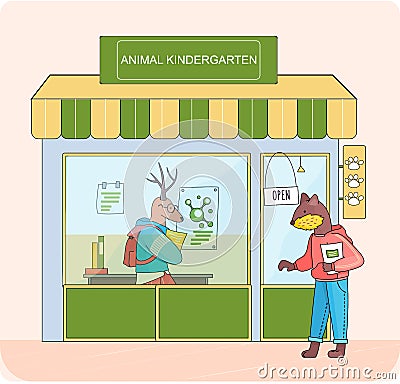 Animal with notebook in hand enters kindergarten. Outside window deer with backpack and notebook Vector Illustration