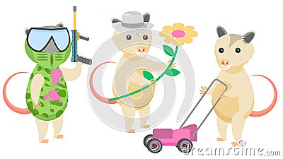 Animal Opossum With Flower And Hat, Playing Paintball, Cutting Grass With A Lawn Mower Vector Vector Illustration
