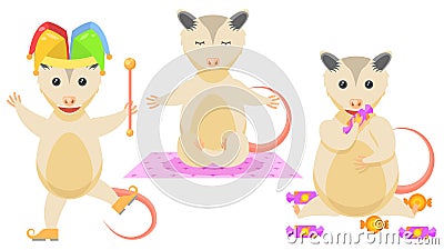 Animal Opossum Jester In A Hat, Got Fat From Candy, Meditating On The Carpet Vector Vector Illustration