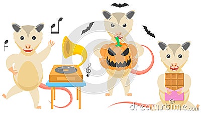 Animal Opossum With A Pumpkin And Bats Around, Dancing With The Gramophone, Eats Chocolate Vector Vector Illustration