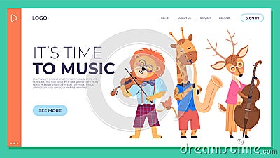 Animal party. The birthday anniversary. Its time to music, lion plays violin, giraffe plays saxophone, deer plays cello Vector Illustration