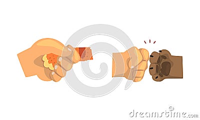 Animal Paw and Human Hand Gesturing Shaking Hands and Bumping Fists Vector Set Vector Illustration