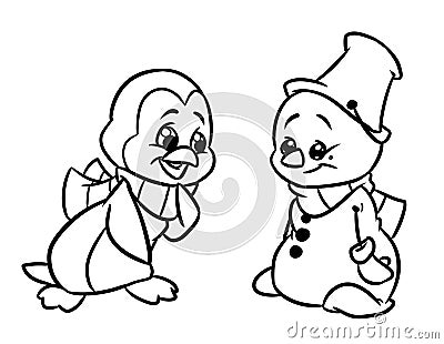 Animal penguin little surprise snowman scarf character cartoon illustration coloring page Cartoon Illustration