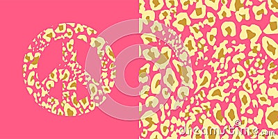 Animal pink wallpaper and hippie peace symbol with leopard gold print. Fashion design for t-shirt, bag, poster, scrapbook Vector Illustration
