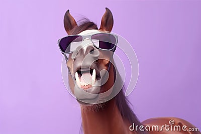 funny portrait goggles colourful animal fun background smile horse art sunglasses. Generative AI. Stock Photo