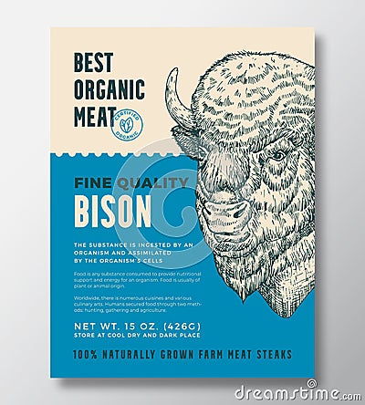 Animal Portrait Organic Meat Abstract Vector Packaging Design or Label Template. Farm Grown Bison Steaks Banner. Modern Vector Illustration