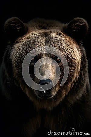 wonderful colored frontal portrait of a bear like male grizzly in front of a dark background Stock Photo