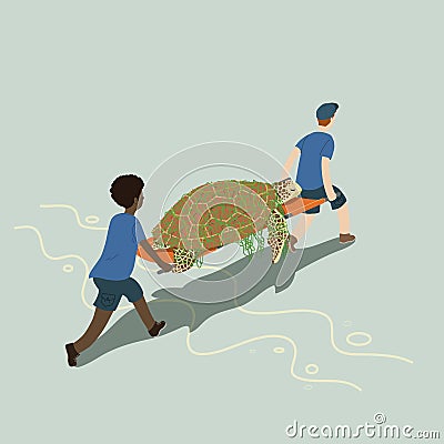 Animal rescue team saving sea turtle which is tangled in wasted fishing net. Vector Illustration