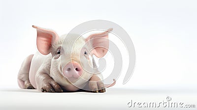 Animal rights concept A piglet lying on its stomach on white backdrop Stock Photo