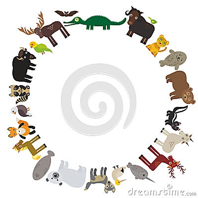 Animal round frame, bison bat manatee fox elk horse wolf fur seal Polar bear Mountain goat raccoon Eagle skunk parakeet Jaguar Vector Illustration