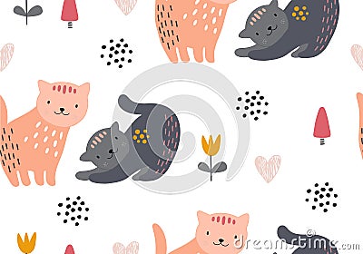 Animal seamless pattern with cat and different shapes. Abstract baby background illustration Cartoon Illustration