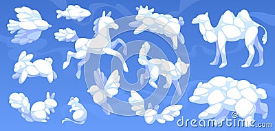 Animal shaped clouds. White cumulus clouds on blue sky, kid imagination and dreams, fluffy fauna silhouettes, rabbit Vector Illustration