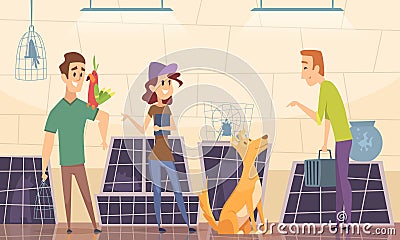 Animal shelter. Owners choose puppy dog in cage vector cartoon background Vector Illustration