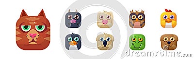 Animal Square Faces and Cute Muzzle Icon for Mobile Application Vector Set Vector Illustration