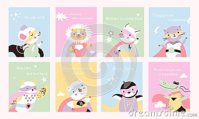 Animal superhero cards with positive slogan. Kids covers design, cute animals heroes in capes and masks. Clothes prints Vector Illustration