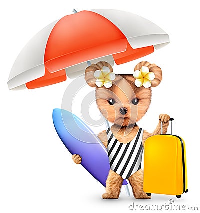 Animal in swimsuit with umbrella, baggage and surf Cartoon Illustration