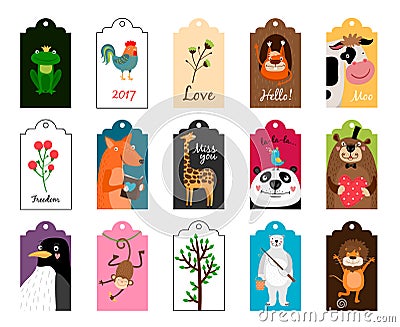 Animal tags vector illustration. Frames or label with animals for school isolated on white background Vector Illustration