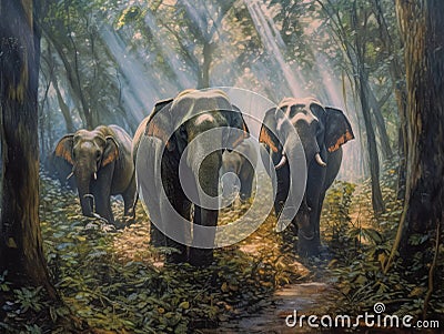 Animal. Thai elephants in the forest. Generative Ai Stock Photo