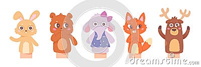 Animal toys for puppet show set, isolated rabbit bear elephant fox deer characters Vector Illustration