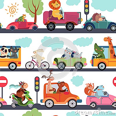 Animal transport pattern. Transportation, funny city zoo traffic. Kids fabric print with cute cartoon car drivers vector Vector Illustration