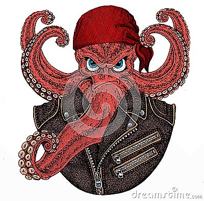 Octopus vector portrait. Animal wearing pirate headdress. Sailor portrait. Vector Illustration