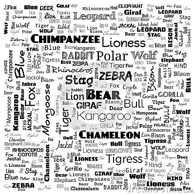 animal word cloud, word cloud use for banner, painting, motivation, web-page, website background, t-shirt & shirt printing, poster Cartoon Illustration