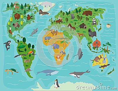 Animal world. Funny cartoon map Vector Illustration