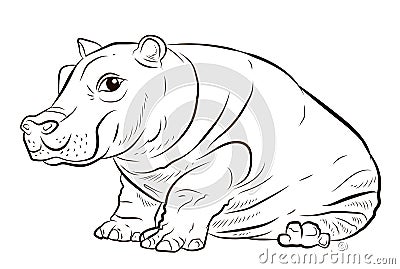 In the animal world. Image of an African hippopotamus. Black and white drawing, coloring. Stock Photo