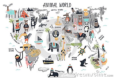 Animal World Map - cute cartoon hand drawn nursery print in scandinavian style. Vector illustration Vector Illustration