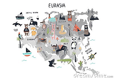 Animal World Map - mainland Eurasia. Cute cartoon hand drawn nursery print in scandinavian style. Vector illustration Vector Illustration