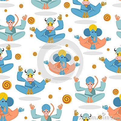 Animal Yoga seamless pattern. Monkey yoga. Animals do yoga. Blue Vector Illustration