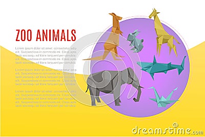 Animal zoo banner, cartoon exotic nature, vector illustration. Wild and zoo character, jungle wildlife. Cute origami Vector Illustration