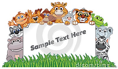 Animal Zoo Banner. Funny Animals with Empty Sign Vector Illustration