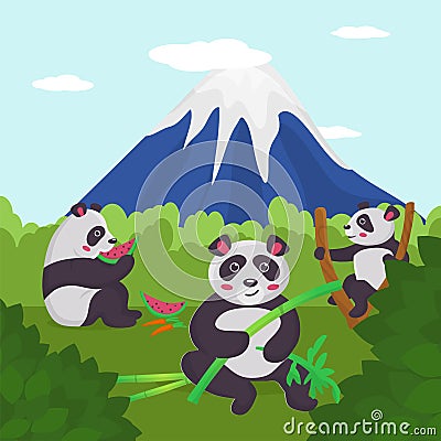 Animale near mountain, nature wildlife park, vector illustration. Panda bear character eat bamboo asian tree in china Vector Illustration