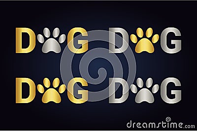 Silver and golden dog text with animal paw print instead letter o. Pet footmark in word dog. Minimalist Vector Illustration