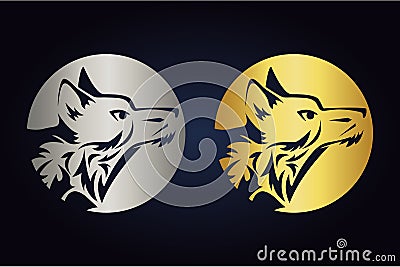 Wolf head silhouette inside circle in gold and silver colors. Side view of wild animal in round shape. Wolf logo inside the moon Vector Illustration