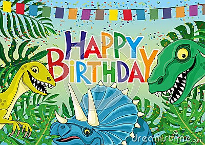 Funny dinosaurs and birthday greetings. Vector Illustration