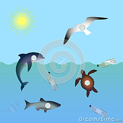 Animals affected by microplastic water contamination. Stop plastic pollution. Rumpled Plastic dishes and bags, Fish, dolphin, Stock Photo