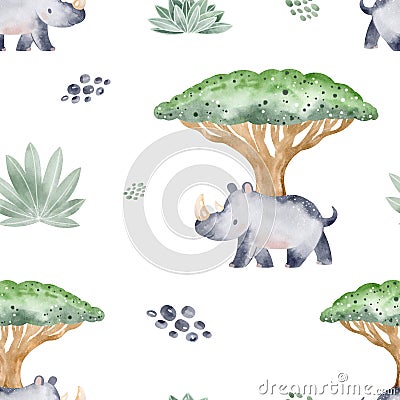 Animals of Africa seamless pattern with tropical leaves. Watercolor seamless pattern. Stock Photo