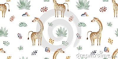 Animals of Africa seamless pattern with tropical leaves. Watercolor seamless pattern. Stock Photo