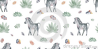 Animals of Africa seamless pattern with tropical leaves. Watercolor seamless pattern. Stock Photo