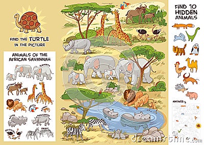 Animals of the African savannah. Puzzle Hidden Items Vector Illustration