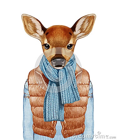 Animals as a human. Fawn in down vest, sweater and scarf. Cartoon Illustration